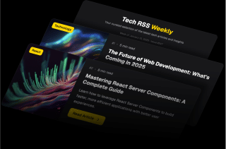 A tech news website displays three articles on React, Web Development, and Technology, arranged vertically on a black background with a yellow 