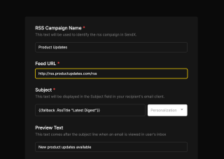 A black text box with a yellow border requests a campaign name, product updates, feed URL, and subject for a personalized email message.