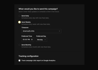 A campaign scheduling interface displays preferred times, monthly send frequencies, and time zones, with a tracking configuration option for Google Analytics.