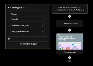A black and yellow form for entering SaaS user triggers, with three dropdown options and a gray email icon, features a 