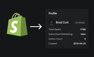 A profile screen for Brad Cutt displays a green shopping bag icon, total spent of 1796, subscriptions to marketing (false), orders per 100 (4), and creations from 2019-09-25.