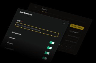 A webhook interface on a dark theme features a yellow progress bar, green toggle buttons, and a URL input, with a date and time display in the top right corner.